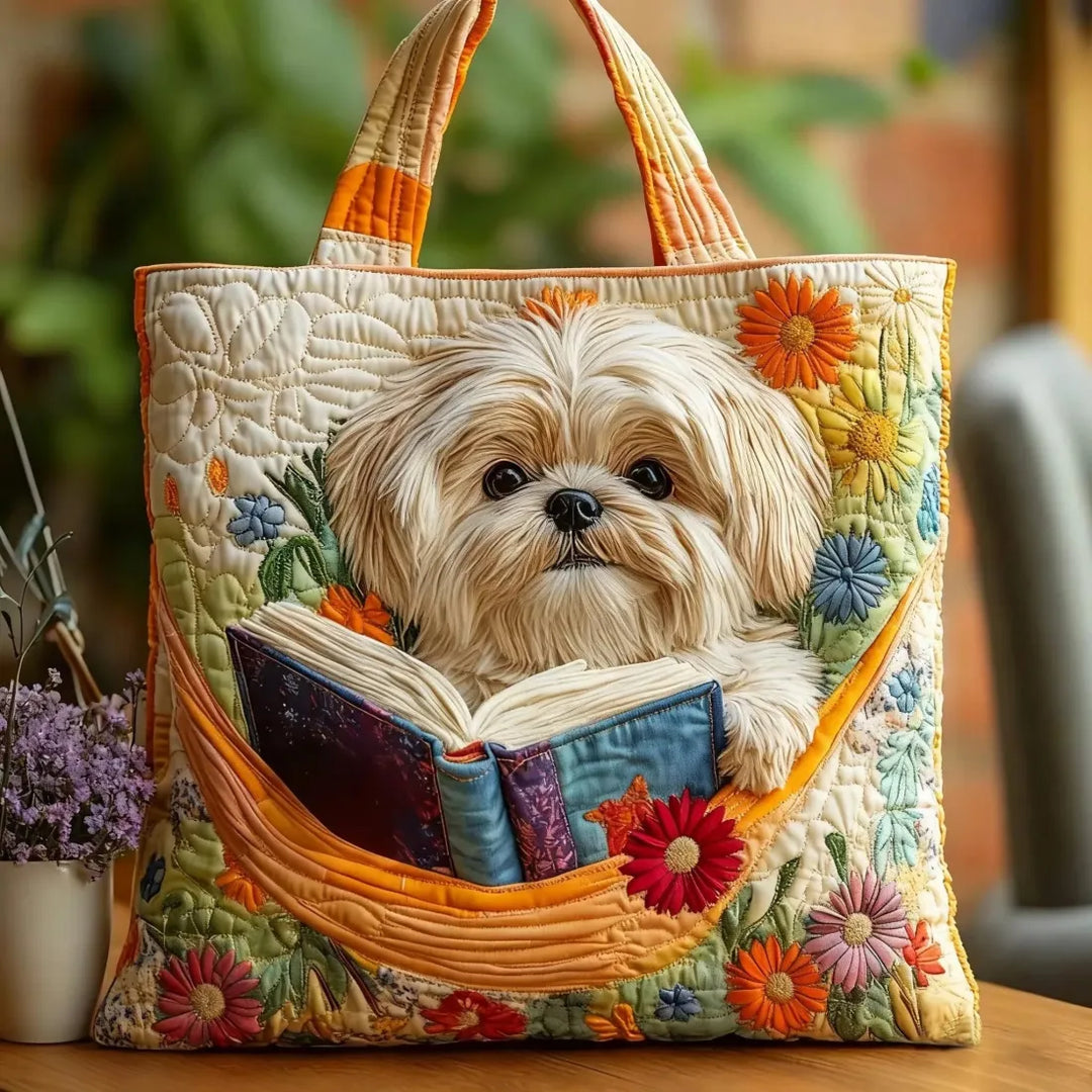 Käsityökangaskassi – shih tzu kirjoineen ja kukineen